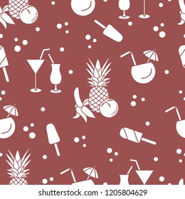 Seamless pattern with cocktails, ice cream, pineapple, orange, banana. Summer rest concept.