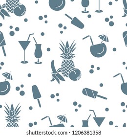 Seamless pattern with cocktails, ice cream, pineapple, orange, banana. Summer rest concept.