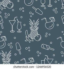 Seamless pattern with cocktails, ice cream, pineapple, orange, banana. Summer rest concept.