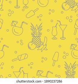 Seamless pattern with cocktails, ice cream, pineapple, orange, banana. Summer rest concept. Illuminating and Ultimate Gray.