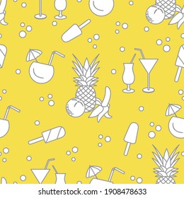 Seamless pattern with cocktails, ice cream, pineapple, orange, banana. Summer rest concept. Illuminating and Ultimate Gray.