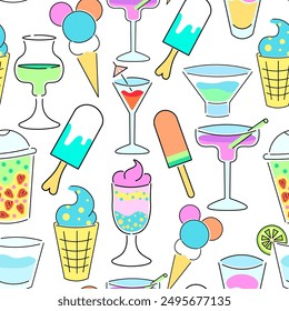 seamless pattern with cocktails and ice cream. Design for backgrounds, textile, fabric, print, wallpaper, wrapping