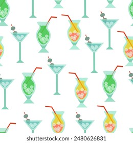 Seamless pattern cocktails with ice in glass goblets with straws on white background - vector flat illustration for packaging, web design, textiles.