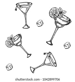 Seamless pattern with cocktails and ice Hand drawn sketch converted to vector. 