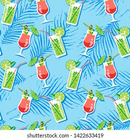 Seamless pattern with cocktails icons and hand drawn palm leaves. Summer, exotic, drink concept for wallpaper, wrapping, background. Vector 10 EPS illustration.