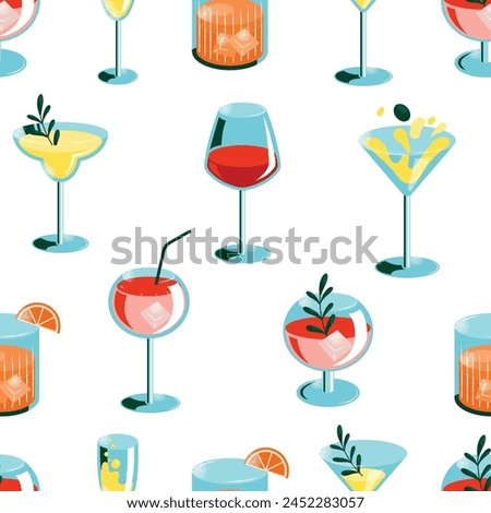 Seamless pattern cocktails. An illustration of classical drinks in different types of glasses. Vector illustration of summer cocktails isolated on background. Popular cocktails for design menu posters