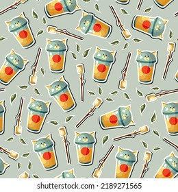 Seamless pattern with cocktails, leaves, and marshmallows. Perfect for textile, wallpaper, and print. Fall mood.