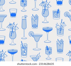 Seamless pattern of cocktails. Line art, retro. Vector illustration for bars, cafes, and restaurants.