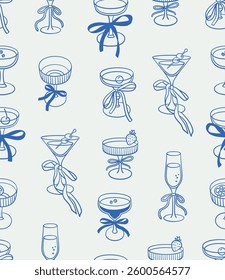 Seamless pattern of cocktails. Line art, ink, minimalist style. Vector illustration. Party collection.