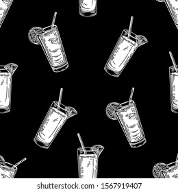 Seamless pattern of cocktails on black background.