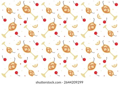 Sin costuras   Patrón con cócteles sobre fondo transparente. Adorno con bebida. Concepto de cóctel Aperol. Aperol Spritz, naranjas, cereza. Repita el patrón.  Diseño plano de la historieta. Ilustración vectorial