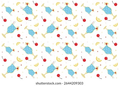 Sem emenda   padrão com coquetéis em fundo transparente. Ornamento com bebida. Conceito de coquetel. Lagoa Azul, laranjas, cereja. Repita o padrão.  Design de desenho plano. Ilustração vetorial