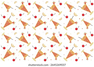 Seamless   pattern with cocktails on transparent background. Ornament with beverage. Cocktail concept. Tequila sunrise, oranges, cherry. Repeat pattern.  Flat cartoon design. Vector illustration