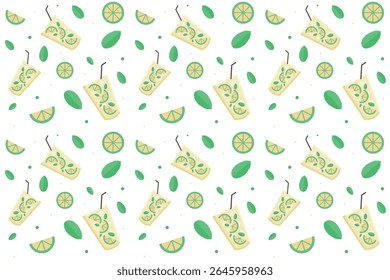 Seamless   pattern with cocktails on transparent background. Ornament with beverage. Cocktail concept. Mojito, lime, slice of lime. Repeat pattern.  Flat cartoon design. Vector illustration