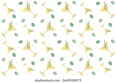 Seamless   pattern with cocktails on transparent background. Ornament with beverage. Cocktail concept. Martini, lime, slice of lime. Repeat pattern.  Flat cartoon design. Vector illustration