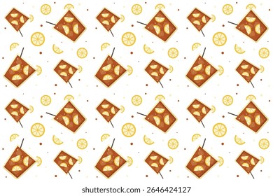 Seamless   pattern with cocktails on transparent background. Ornament with beverage. Cocktail concept. Negroni with lemon slices. Repeat pattern.  Flat cartoon design. Vector illustration