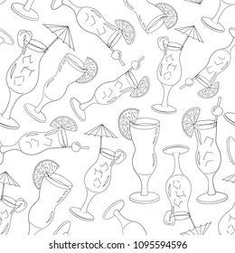 Seamless pattern of cocktails on a white background. Design for a cocktail party. Cold alcoholic drinks for advertising, booklet, banner, bar menu, restaurant, cafe. Hand drawing. Vector illustration.