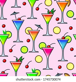 Seamless pattern with cocktails. Vector illustration. Hand drawn. Texture for design menu, posters, brochures for cafe, bar.