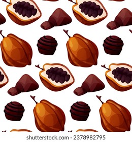 Seamless pattern with cocoa bean, dark, white chocolate bar pieces, candy. Chunks, blocks of brown chocolate. Milk sweet dessert, cooking ingredient for confectionery shop. Vector for poster, banner.