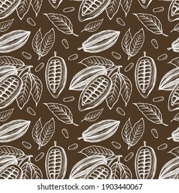 seamless pattern of cocoa beans, branch and leaves on brown background