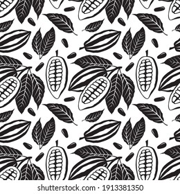 seamless pattern of cocoa beans, branch and leaves on white background