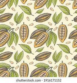 seamless pattern of cocoa beans, branch and leaves