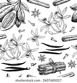 Seamless pattern with cocoa beans, cinnamon and vanilla. Hand-drawn monochrome vector illustration.