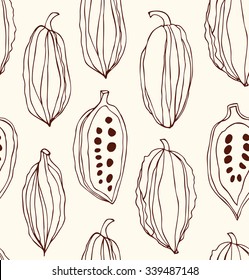 Seamless pattern with cocoa beans. Decorative vector contour chocolate background