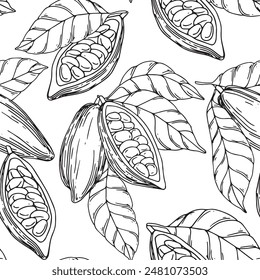 seamless pattern of cocoa beans, fruits and leaves. illustration with lines, sketch