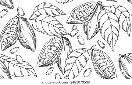 seamless pattern of cocoa beans, fruits and leaves. illustration with lines, sketch
