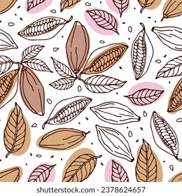 Seamless pattern with Cocoa beans. Hand drawn sketch Organic product Doodle sketch for cafe, shop, menu, packaging. Fruit, leaf and bean seamless pattern. Chocolate cocoa beans background