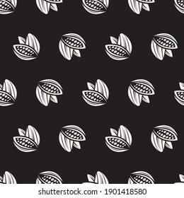 seamless pattern of cocoa beans and leaves on black background