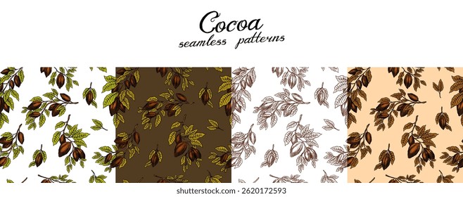 Seamless pattern with Cocoa Beans on a branch for Chocolate Hand Drawn engraved sketch. Vector illustration.