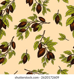 Seamless pattern with Cocoa Beans on a branch for Chocolate Hand Drawn engraved sketch. Vector illustration.