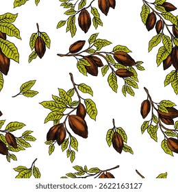 Seamless pattern with Cocoa Beans on a branch for Chocolate Hand Drawn engraved sketch. Vector illustration.