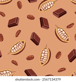 Seamless pattern with cocoa beans, pods and chocolate pieces on brown background. Vector cartoon illustration.