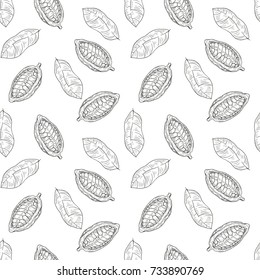 Seamless pattern with cocoa beans in retro vintage hand drawn, sketches, engraved style. Isolated on white background. Modern vector illustration.