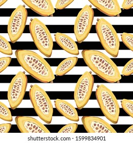 Seamless pattern with cocoa. Cocoa beans. Wallpaper, print, wrapping paper, modern textile design, banner, poster. Vector illustration.