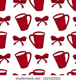 Seamless pattern of cocoa with bow knots in cartoon style