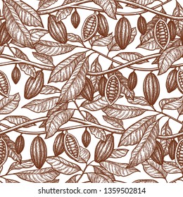 Seamless pattern with cocoa. Branches and pods. Hand drawn vector illustration. Retro style ink sketch .