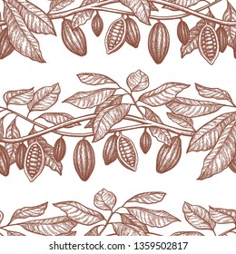 Seamless Pattern With Cocoa. Branches And Pods. Hand Drawn Vector Illustration. Retro Style Ink Sketch .