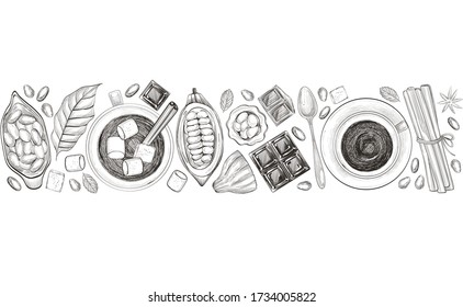 Seamless pattern with  cocoa brunches, beans, leaves and cup. 