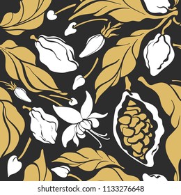Seamless pattern of cocoa flower, leaves, fruit, bean. Nature vector design Floral bloom illustration Sweet food, aroma drink, tropical chocolate, golden summer jungle, luxury, vintage background