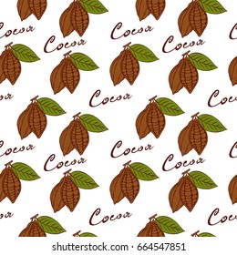 Seamless pattern cocoa fruits with green leaf inscription cocoa hand-drawn in style sketch
