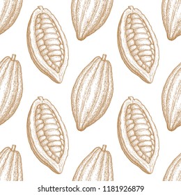 Seamless pattern with cocoa fruits. Hand drawn vector illustration. Retro style ink sketch.