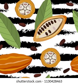 Seamless pattern with cocoa fruits and leaves, and grange black stripes on white background. Vector illustration for packaging chocolate drink and chocolate, and other food prints.