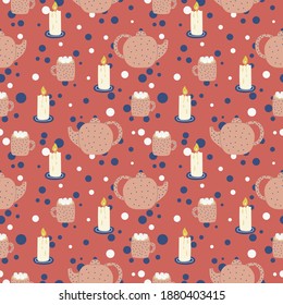 Seamless pattern with cocoa and marshmallow, candle and teapot. Bright vector illustration. Great for packaging design, wrapping paper, scrapbooking, patchwork.