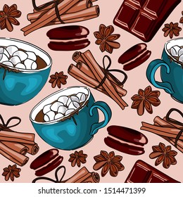 
Seamless pattern. Cocoa with marshmallows, star anise, cinnamon, macarons cookies, chocolate. home coziness
