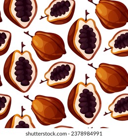 Seamless pattern with cocoa plant bean, raw seeds, pod. Chunks, blocks of brown chocolate. Milk sweet dessert, cooking ingredient for confectionery shop. Vector for poster, banner.
