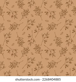 Seamless pattern with cocoa plant. Hand drawn illustration of cocoa beans, leaves, cocoa tree. Floral motif, repeating background. Ornament in brown and beige colors